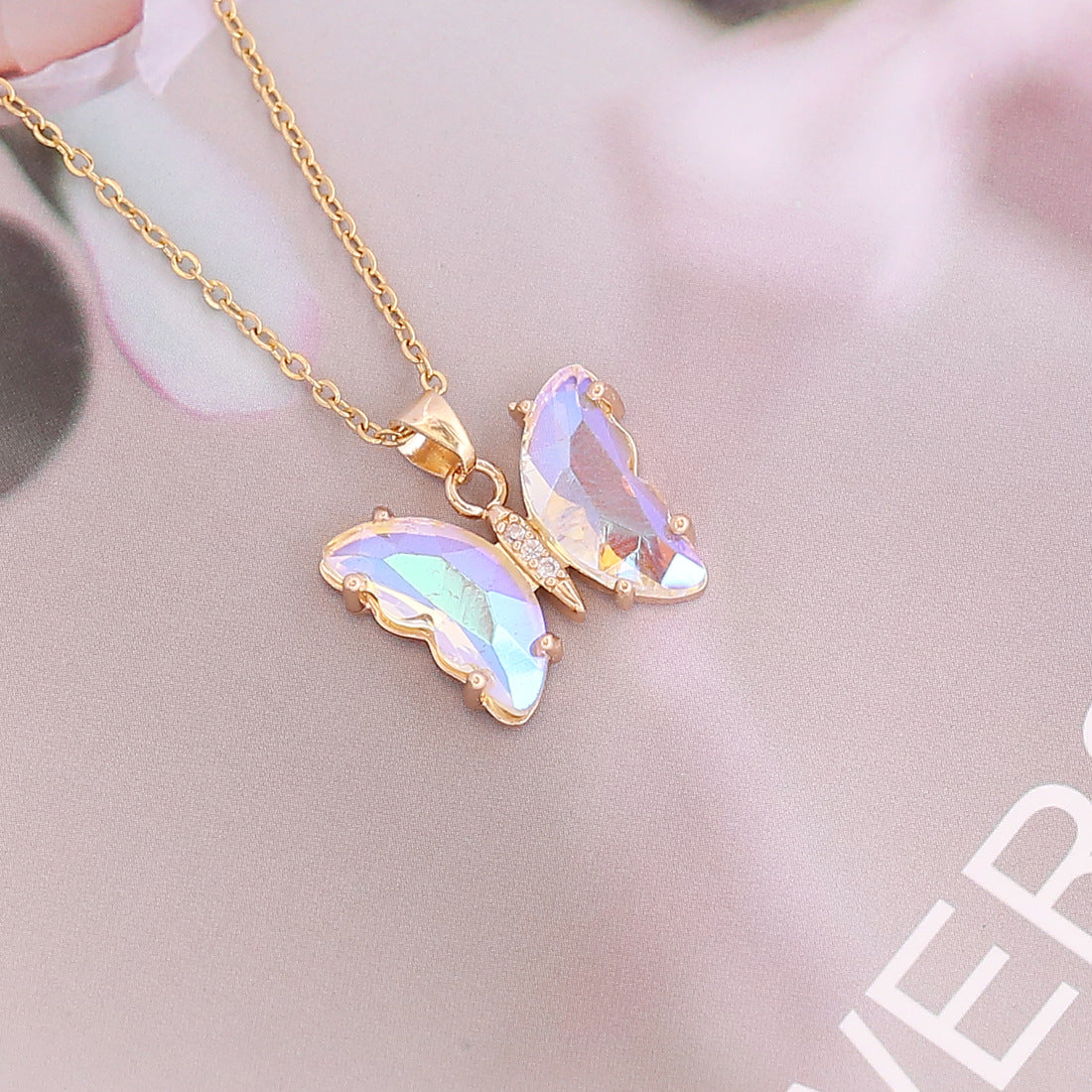 Fashion Butterfly Metal Plating Glass 18K Gold Plated Women's Necklace