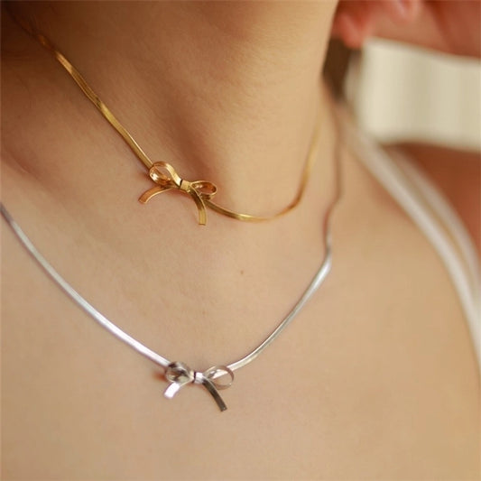 Stainless Steel 18K Gold Plated Snake Bow Knot Necklace