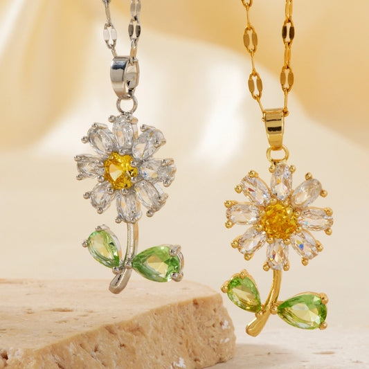 304 Stainless Steel Copper K Gold Plated Inlay Sunflower Zircon Copper Necklaces