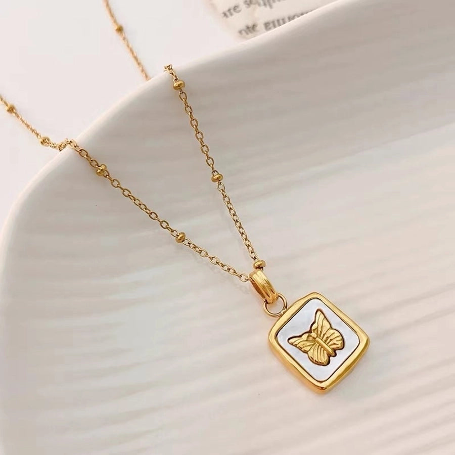 Retro Square Butterfly Pendant Necklace 18k SS304