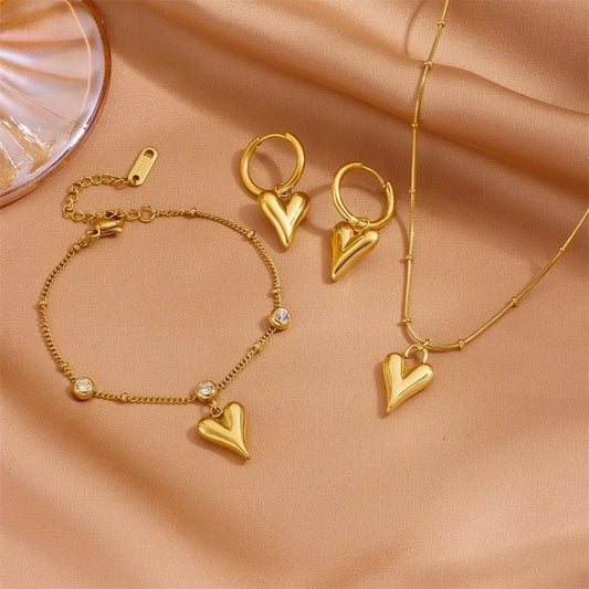 18K Gold Plated Classic Style Inlay Heart Shape Jewelry Set