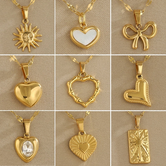 Assorted 304 Stainless Steel Rhinestones Shell Zircon 18K Gold Plated Inlay Pendants with chain