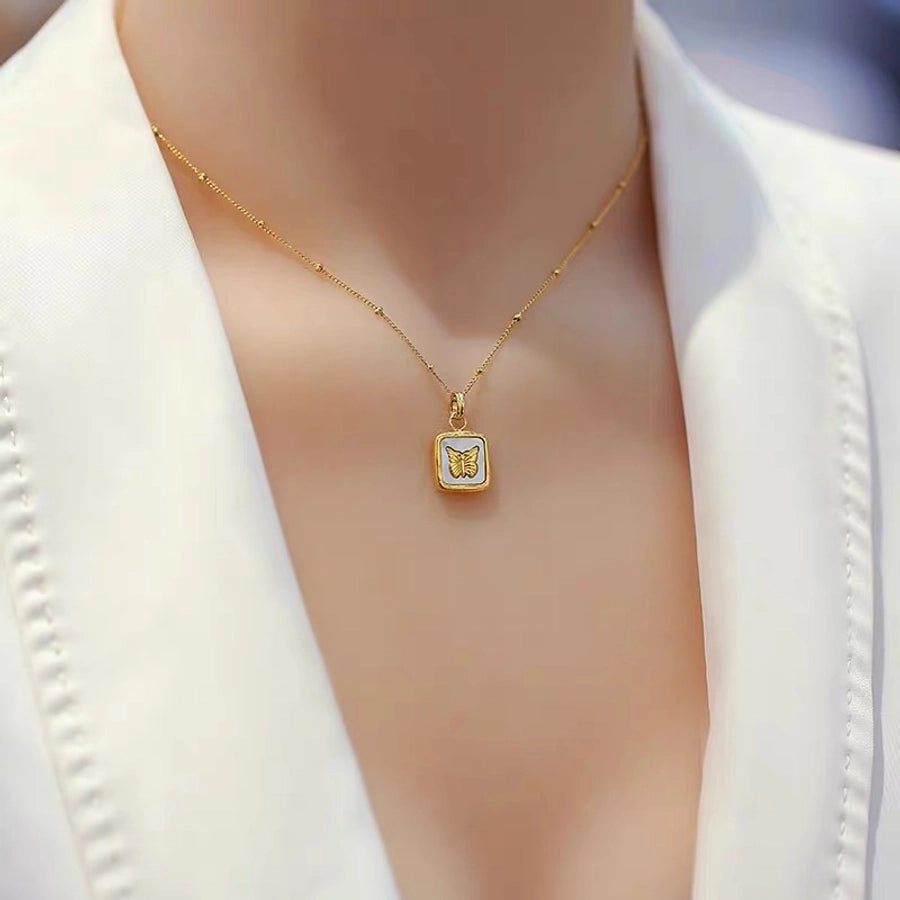 Retro Square Butterfly Pendant Necklace 18k SS304