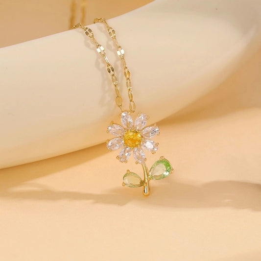 Stainless Steel 18K Gold Plated Inlay Flower Rhinestones Pendant Necklace