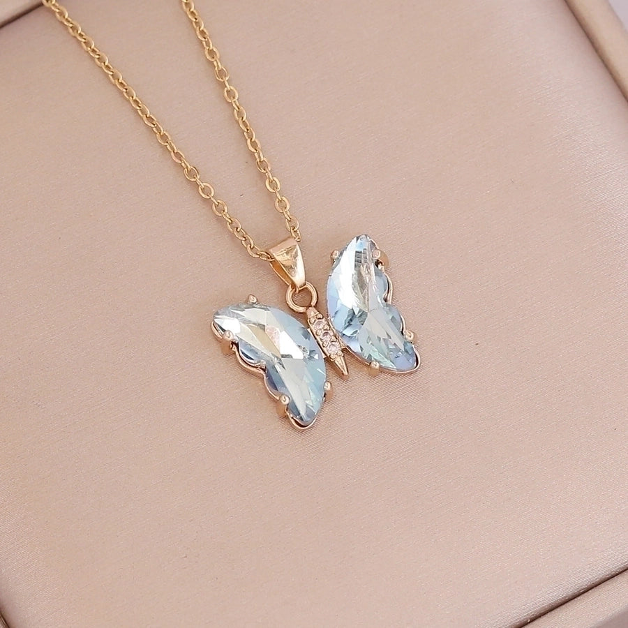 Fashion Butterfly Metal Plating Glass 18K Gold Plated Women's Necklace