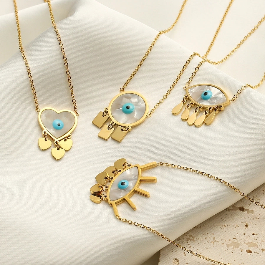 304 Stainless Steel 18K Gold Plated  Inlay Evil Eye Shell Pendant Necklace