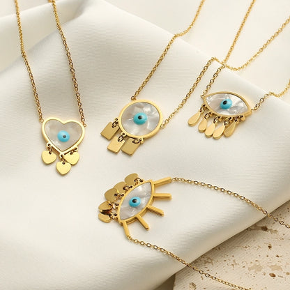 304 Stainless Steel 18K Gold Plated  Inlay Evil Eye Shell Pendant Necklace